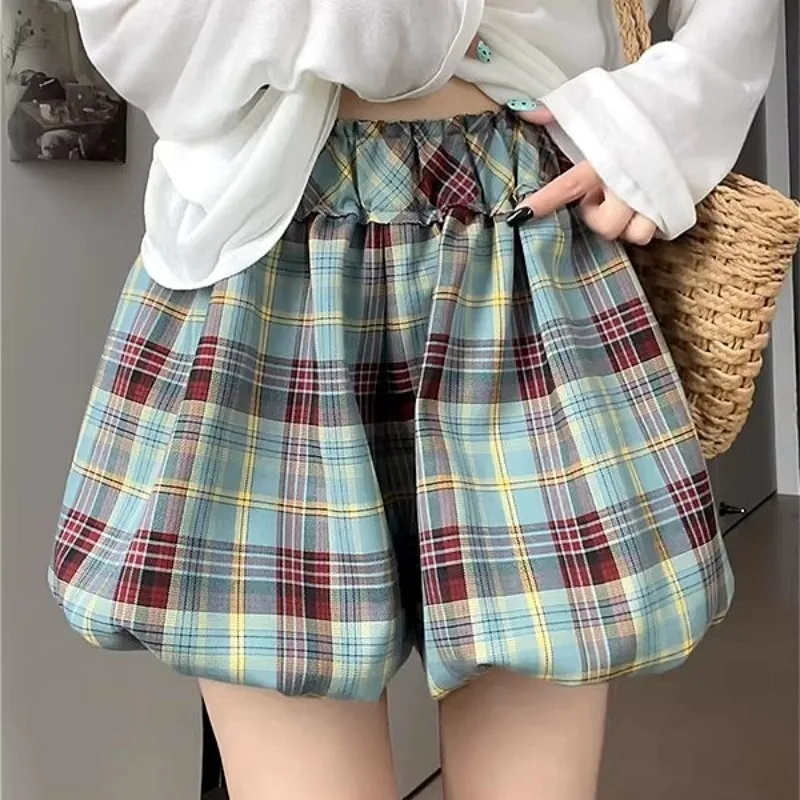 

Retro Plaid Shorts Skirt for Girls Fluffy Flower Bud Short Pants Streetwear High Waist Sweet Women's Shorts Casual A-line Summer