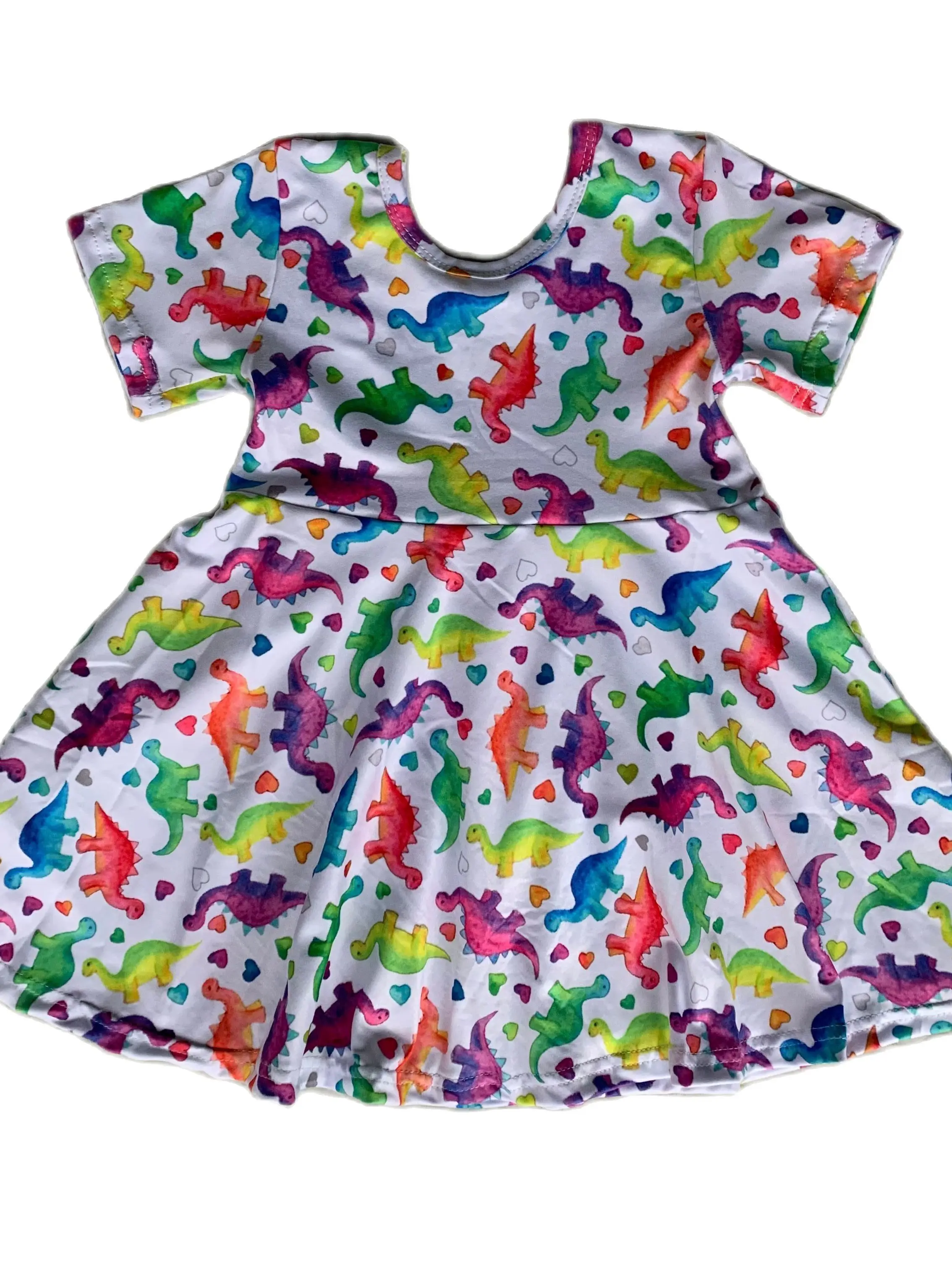 

Wholesale Valentine's Day Girls Boutique Printed Clothes Kid Dinosaur Children Spandex Cotton Knitted Fly Sleeve Twirl Dress