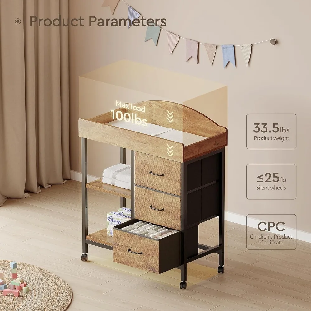 Changing Table Dresser, Baby Dresser with 3 Fabric Drawers and 2 Shelves, Multi-Functional Baby Changing Table with Pad, Classic