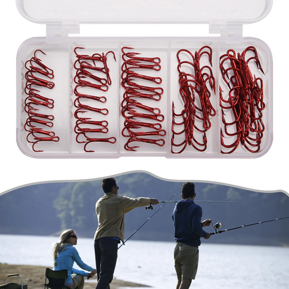 

Набор из 50 шт. рыболовных крючков с тремя ушками, разных размеров, из высокоуглеродистой стали, с красным никелевым покрытием, тройные с зазубринами, сменные аксессуары