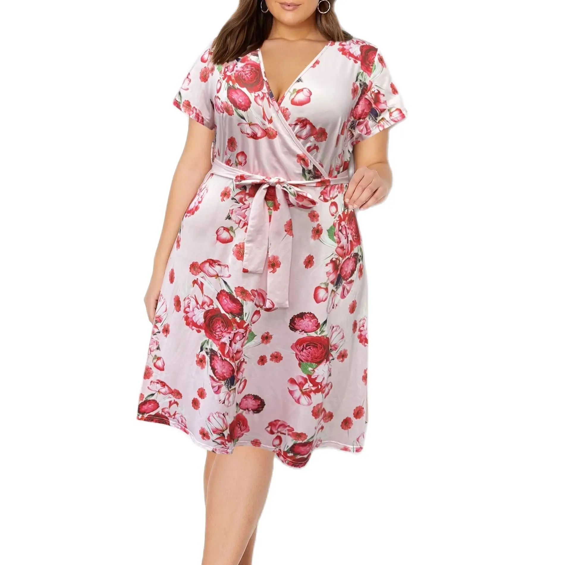 Plus Size V-neck Lace-up Dress High Stretch Slimming Fabric Beautiful Rose Print Elegant Gentle Lady Wear Spring Summer good