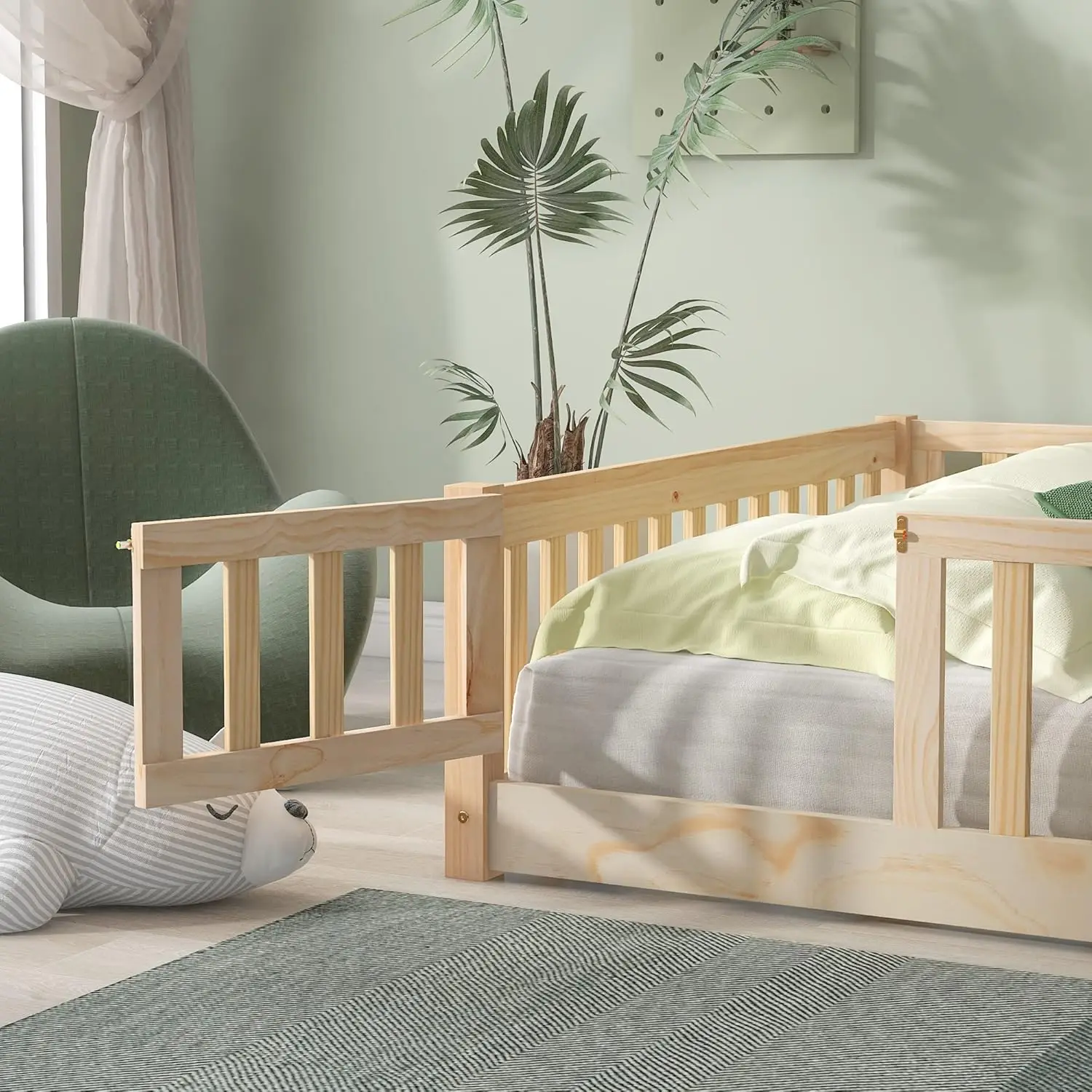 Marco de cama de piso de tamaño completo con valla de seguridad y puerta, cama de piso Montessori de madera con soporte de Listón, marco de cama de piso para niños pequeños para Ki