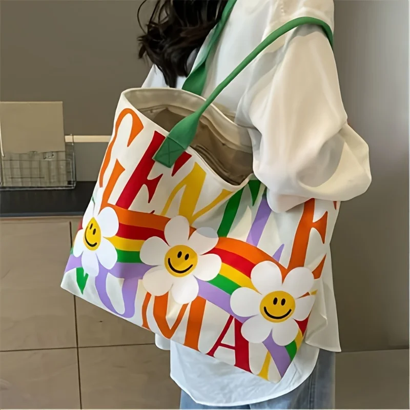 Tote Bag For Women Fashion Printed Shoulder Handbag With Zipper, Durable Shopping Tote With Colorful Flower And Rainbow Design