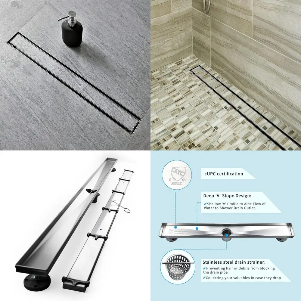 

Linear Shower Drain 48-Inch with Tile Insert Grate, Brushed Stainless Steel Rectangle Floor Drain, Modern Linear Drainage System