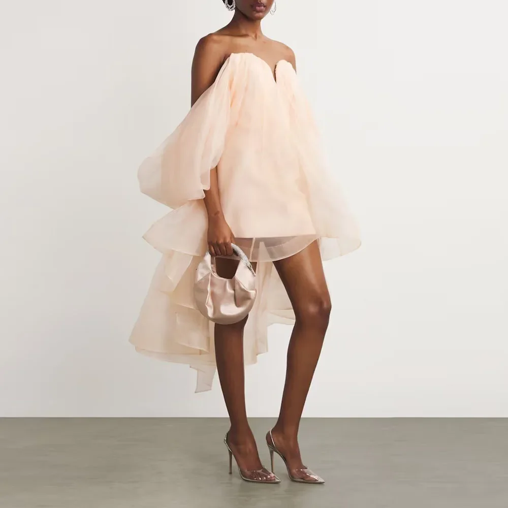 

Cape Sleeves Open Back Draped Girls Party Dress Pretty Organza High Low Holiday Women Dresses Customized