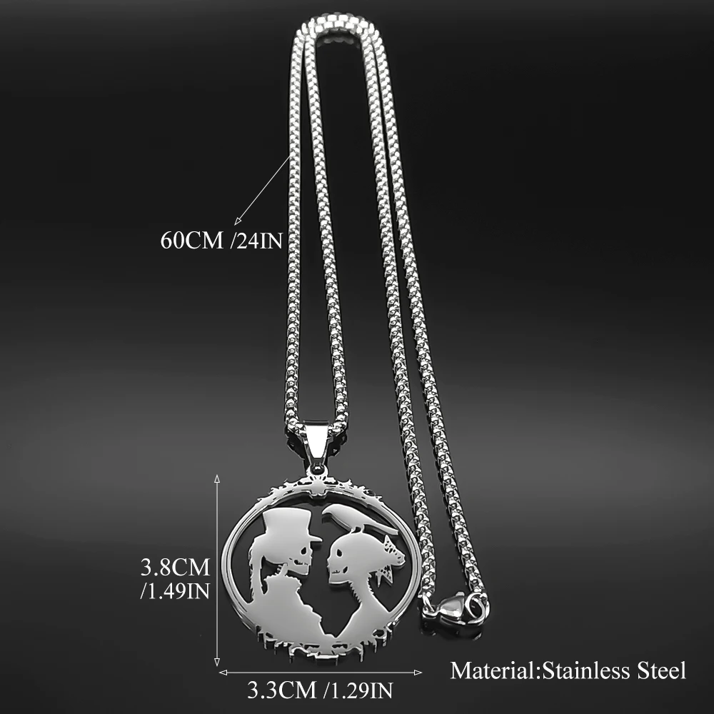 Gothic Bride and Groom Stainless Steel Skull Crow Pendant Necklace for Women Men Black Photo Frame Couple Jewelry Party Gift