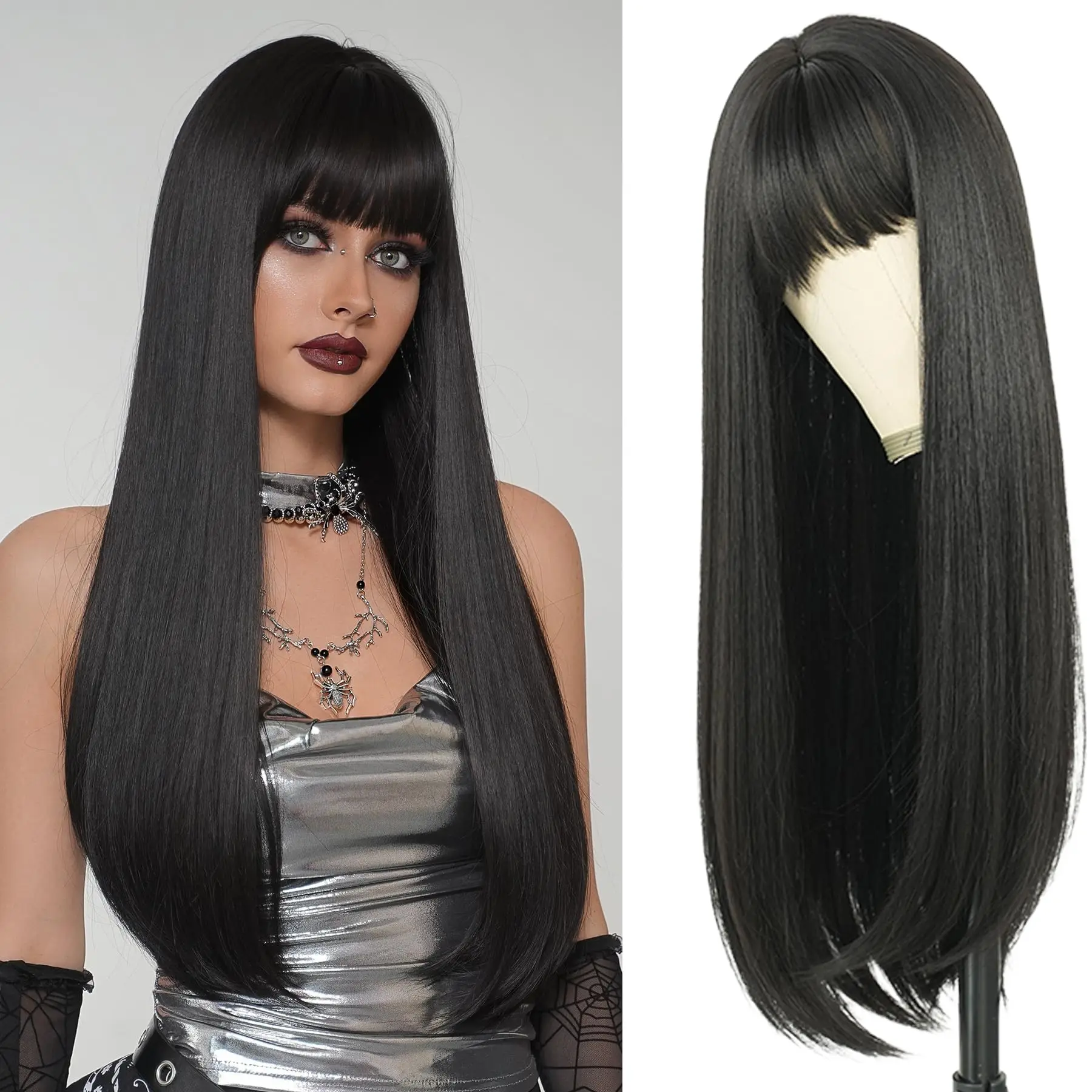Black best-selling straight black synthetic wig for Halloween party cosplay role-playing or daily use. Hot wire wig headband.