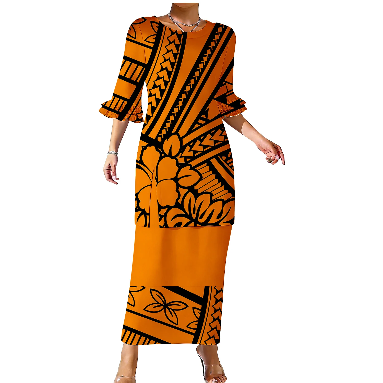 

Повседневный женский комплект в полинезийском стиле: пулетаси с настраиваемым узором, облегающий, подчеркивающий фигуру, с двухслойными рукавами-воланами и юбкой