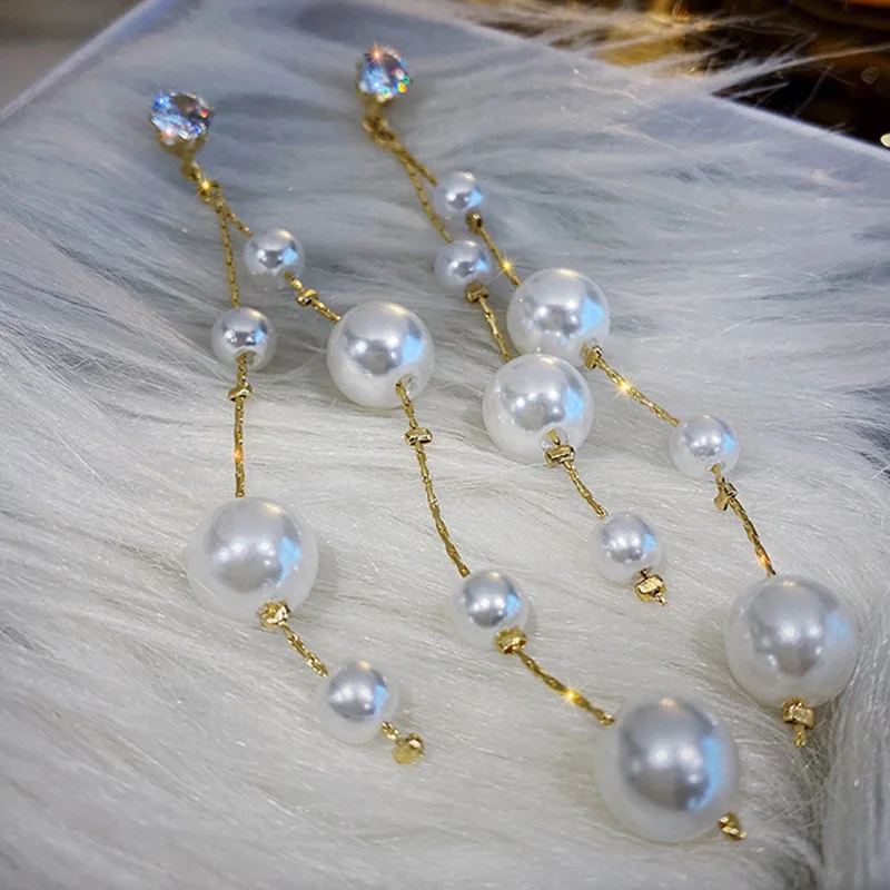 Imiation Pearl Long Tassel Dangle Earrings for Women Wedding Party Statement Jewelry Golden Rhinstones Trendy Drop Earrings