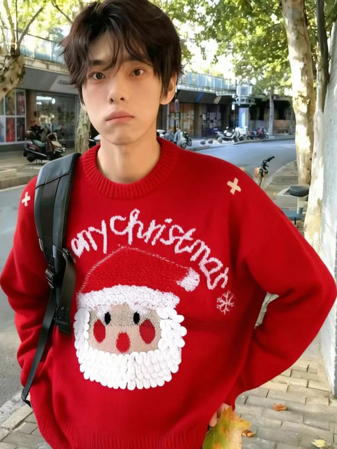 

Рождественский свитер с вышивкой Санта-Клауса, вязаный, для мужчин, создающий зимнюю атмосферу, из пряжи, парный, вязаный джемпер