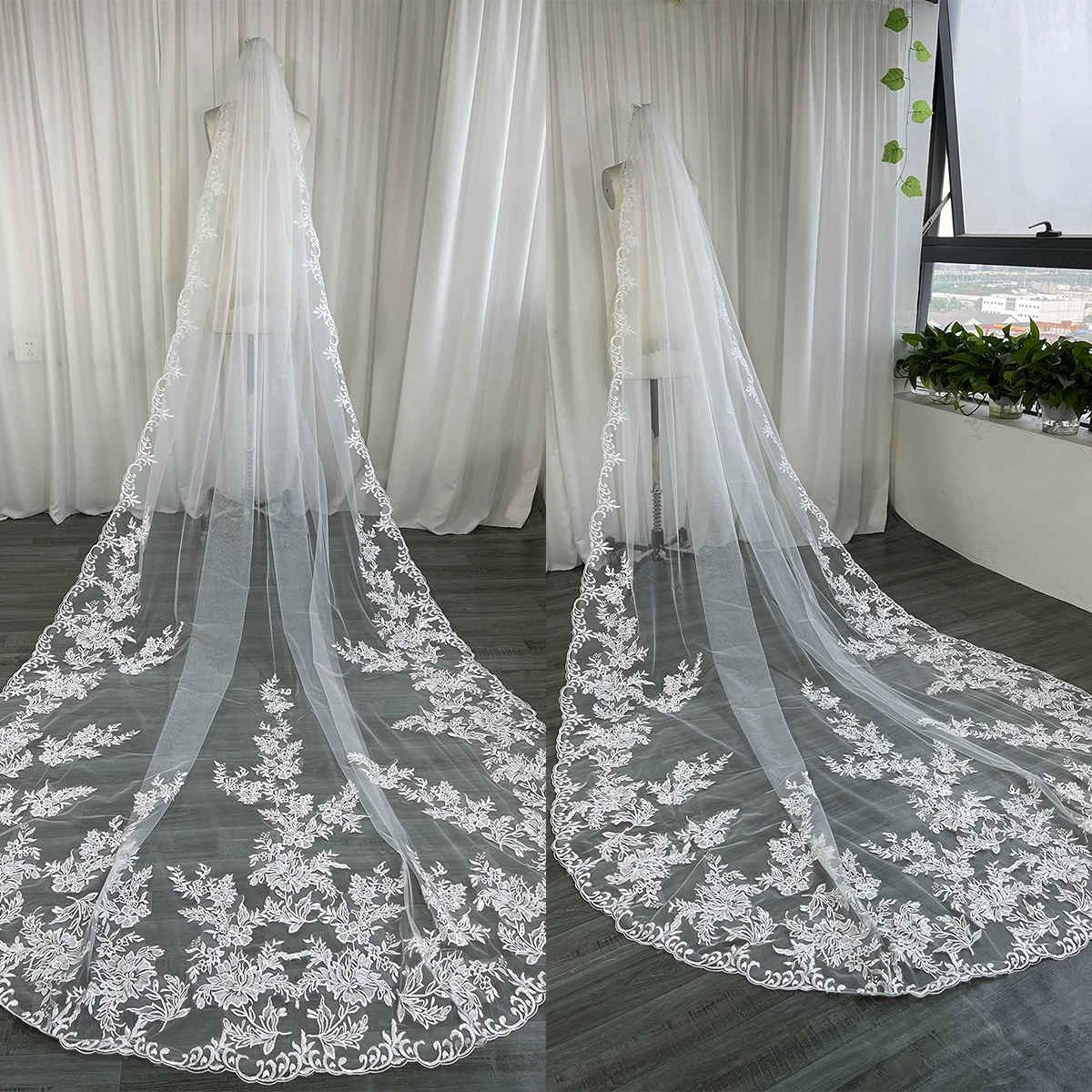 

Luxury Bridal Veils For Wedding Cathedral Lace Appliques Elegant Tulle With Comb Cover Face White Ivory Customize 3M