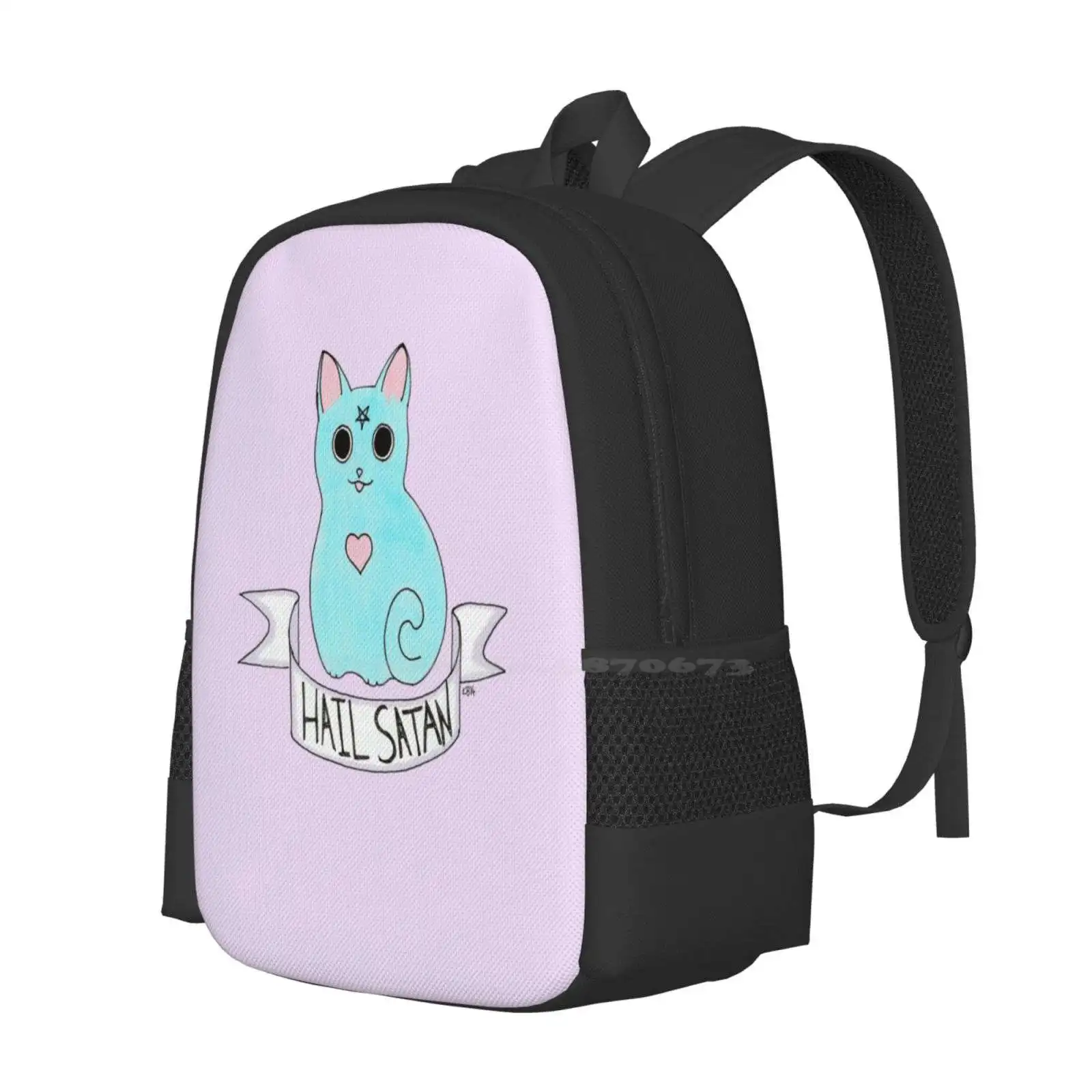 Hail Satan Cat New Arrivals Unisex Bags Student Bag Backpack Cat Blue Hail Satan Evil Rude Pastel Goth Soft Grunge Pale