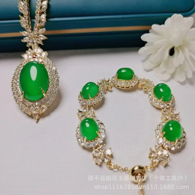 High Quality Jadeite Jade Silver-Plated Zircon Full Inlaid Emerald Green Chalcedony Pendant-Shaped Surface A view 4