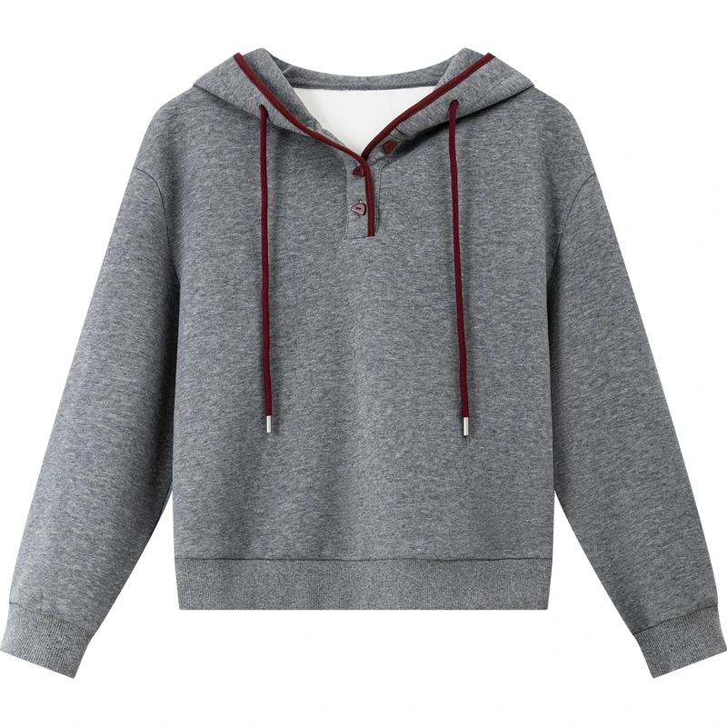 VIMLY 여성용 회색 후드티 심플한 면 혼방 플리스 안감 대비 색상 스웨트셔츠 2025 오버사이즈 두꺼운 여성 겨울 상의 A3537