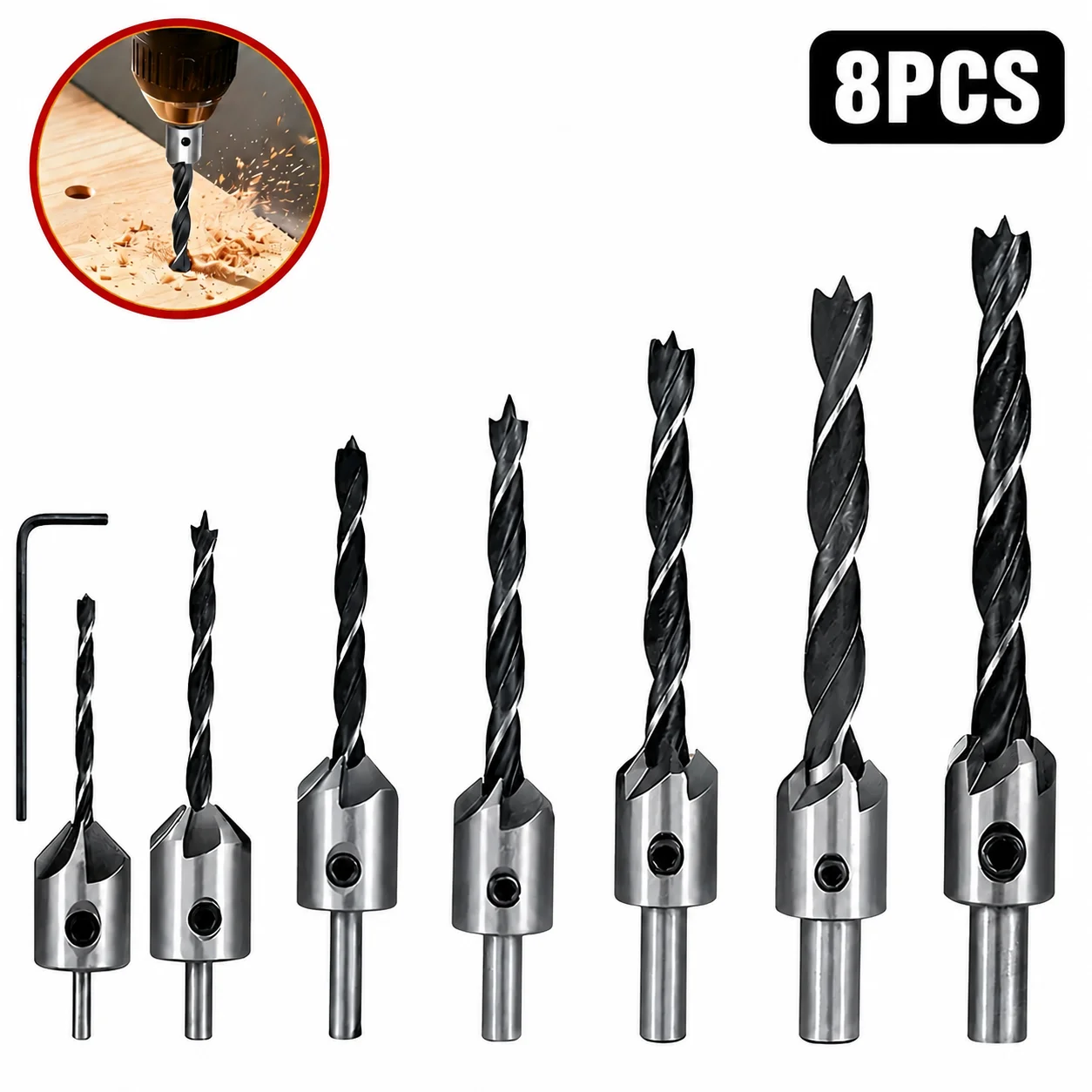 8PCS HSS Countersink Drill Bit Set 3-10mm, Chamfer & Deburring Tool Set with Hex Key for Wood, Plastic and Soft Metal