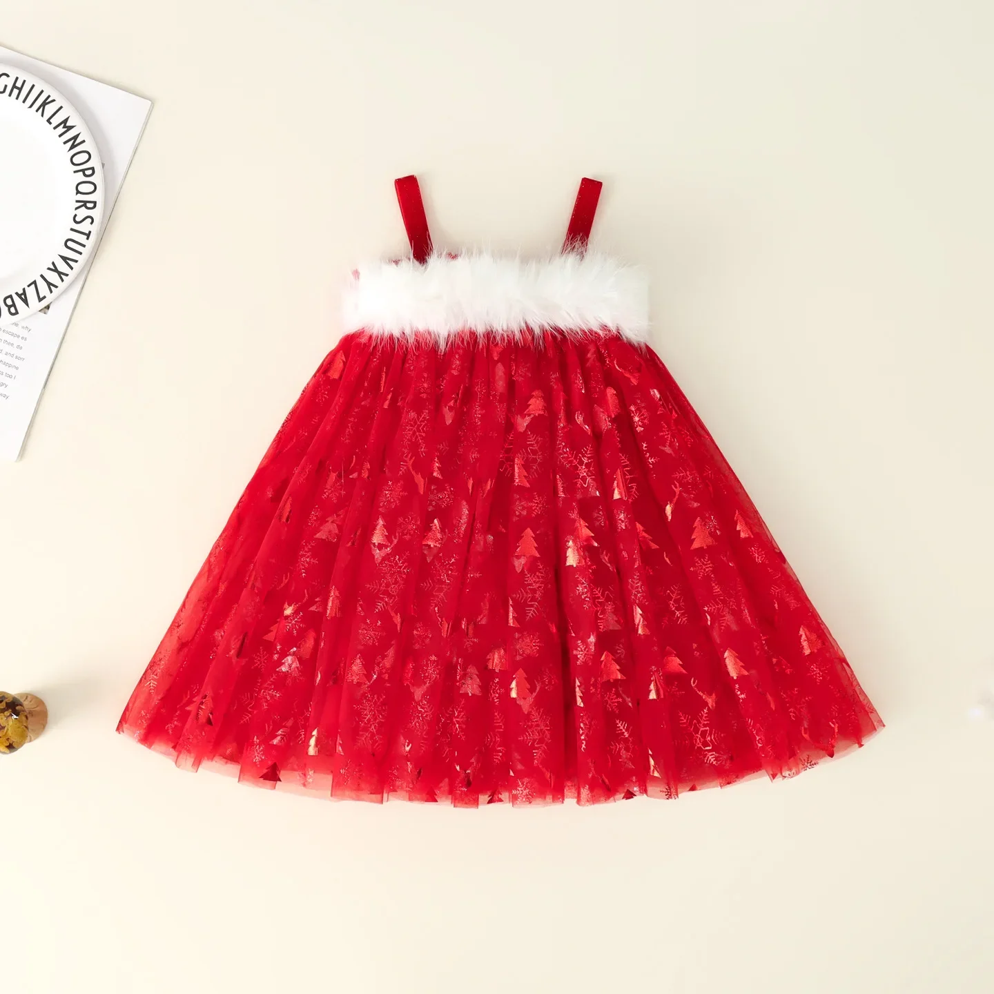 

Christmas Toddler Dress Princess Tulle Dress with Faux Fur Trim Sleeveless Strappy Holiday Dress for 6M-4Y Baby Girls
