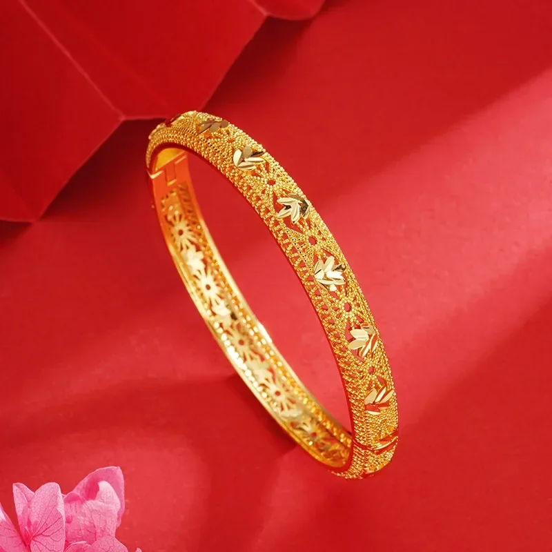 

Real Yellow Gold Color Flower Leaf Bracelet Bangle Ladies Bracelets Fashion Bracelet Luxury Fine Jewelry Gifts