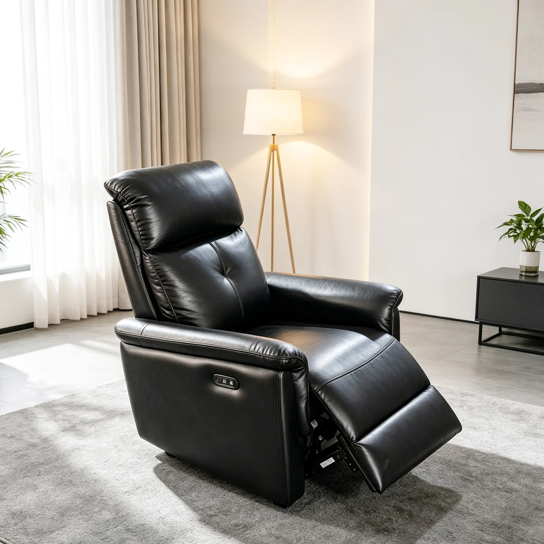 Modern Extendable Power Genuine Leather Black Luxury Massage Revolving Recliner Chair with Metal Frame