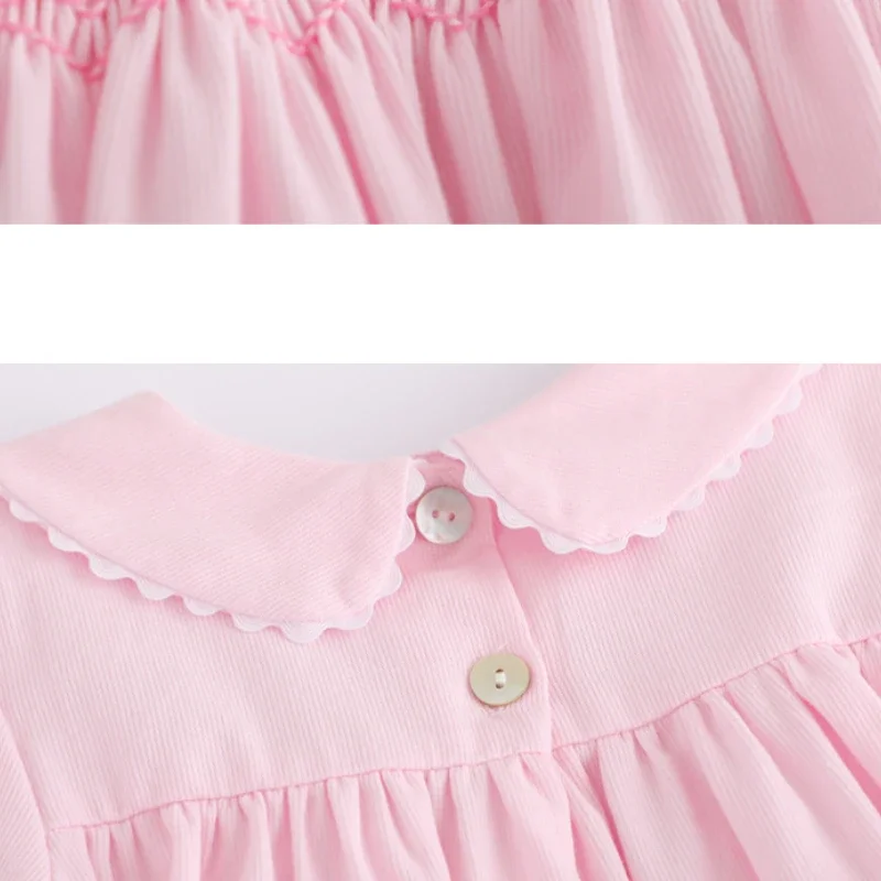 Baby Girls Smocked Dresses Autumn 2023 Kids Pink Cotton Dress with Collar Children Smocking Princess Clothing Toddler Clothes