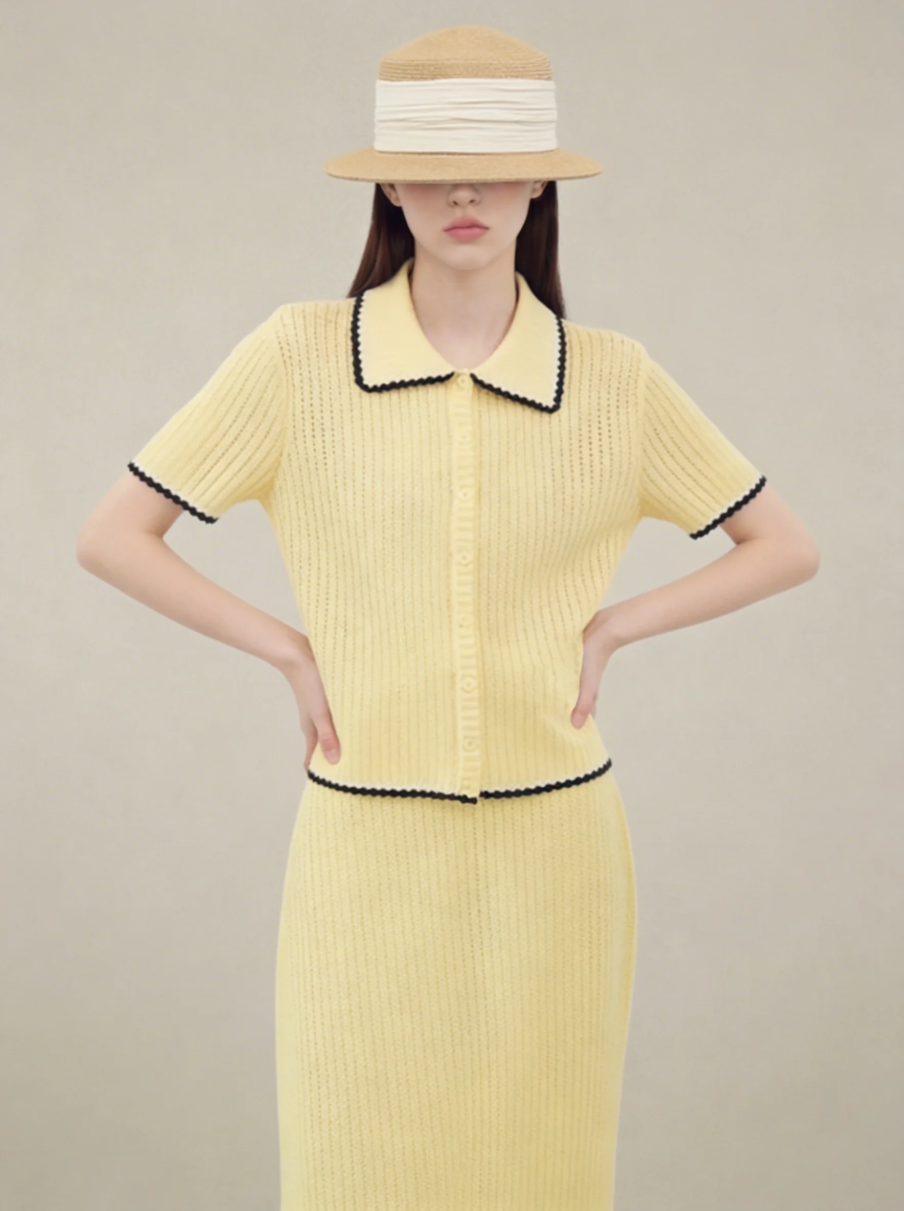 

Lemon Yellow Knitted Short Sleeve Hollow out Set Casual Loose Fit Style Beautiful Pure Feeling Two Piece Set for Women