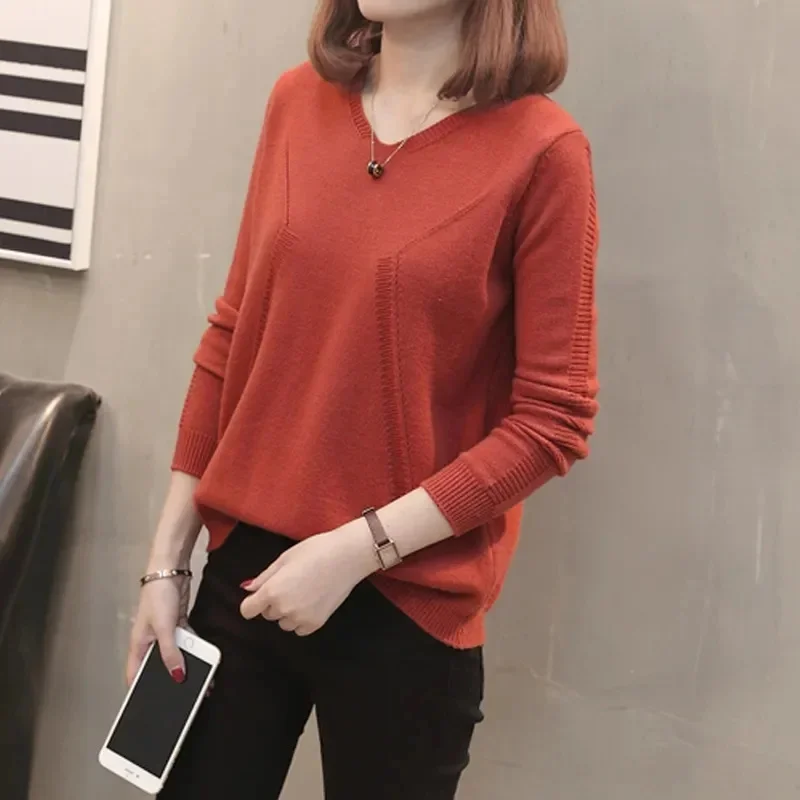 2025 New Sweater Pullover Korean Loose Style Top V-Neck Underlay Knitwear Autumn/Winter Fashion Women Pullover Solid Color Knit