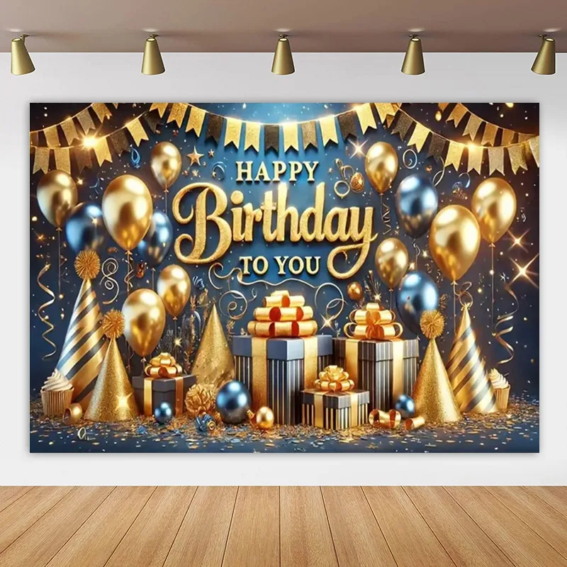 Happy Birthday Flower Balloon Black Gold Photography Studio Props Backdrop Shining Star Champagne Gift Background Decor Banner