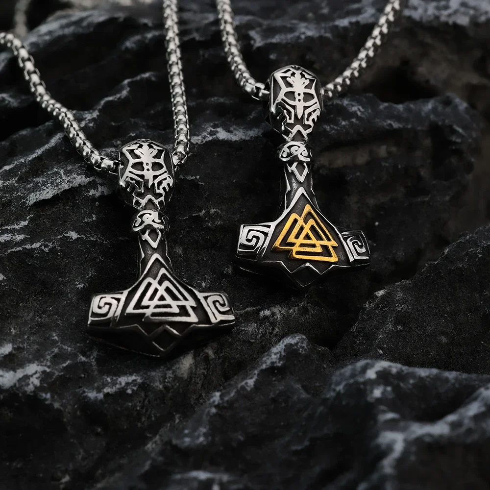 Viking Thunder Hammer Stainless Steel Men's Jewelry Legendary Rune Retro Style Titanium Steel Necklace Holiday Gift