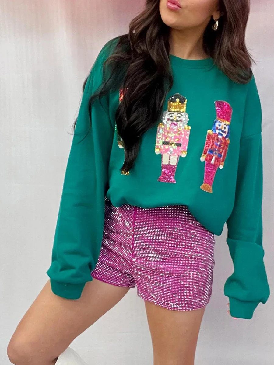 Women\'s Sequin Long Sleeve Sweatshirt Casual Loose Round Neck Sequin Nutcracker Pollover Tops Christmas Holiday Sweater