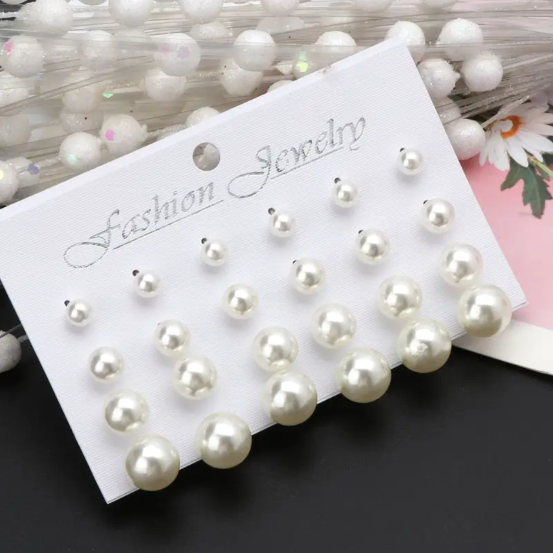 652F Elegant 12 Pairs Simulated Pearl Stud Earrings Hypoallergenic Stud Earrings Jewelry Set for Women Boys Girls