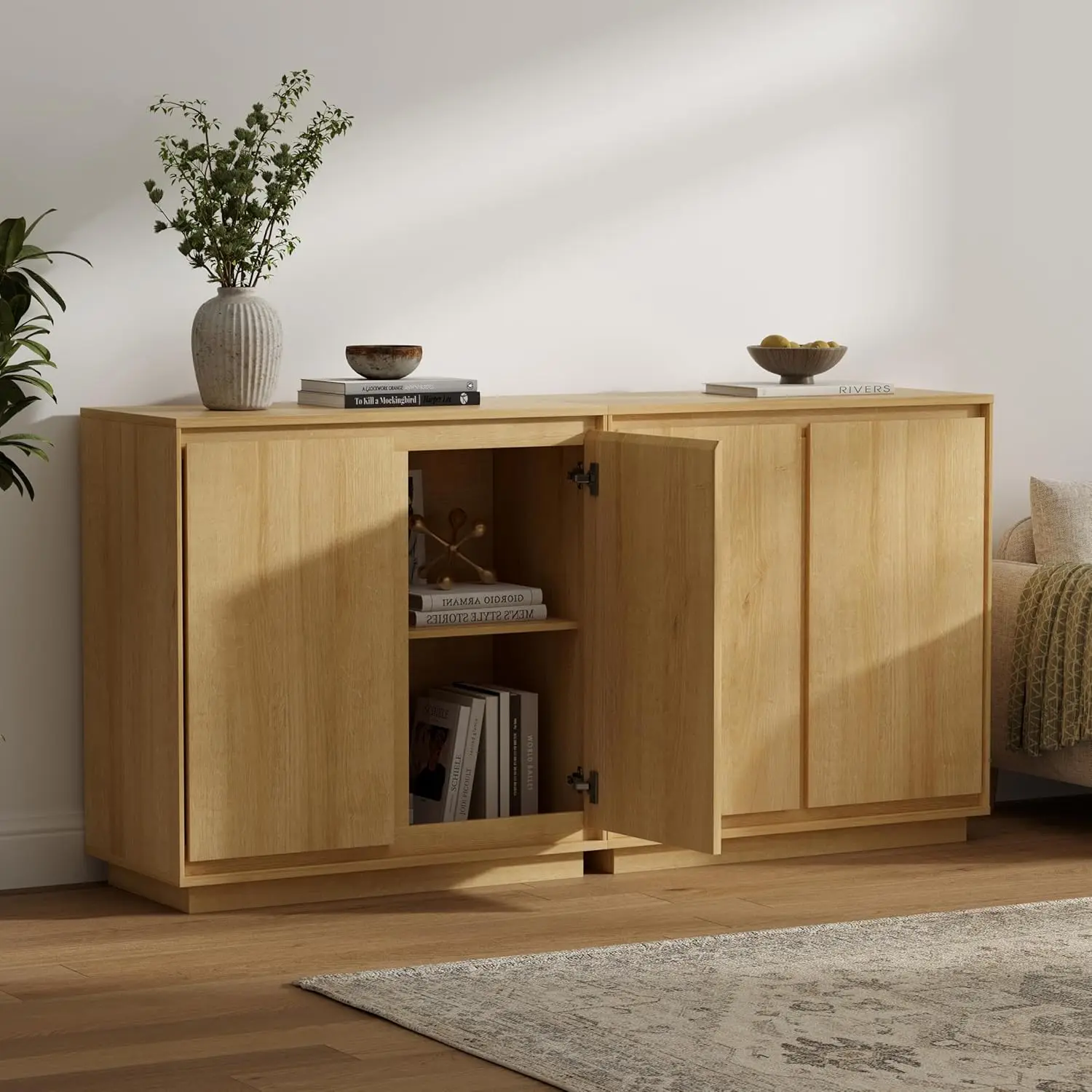 3 قطع خزانة بوفيه جانبية مع مساحة تخزين مع أرفف قابلة للتعديل وتصميم بدون مقبض مناسب للمطابخ والممر،