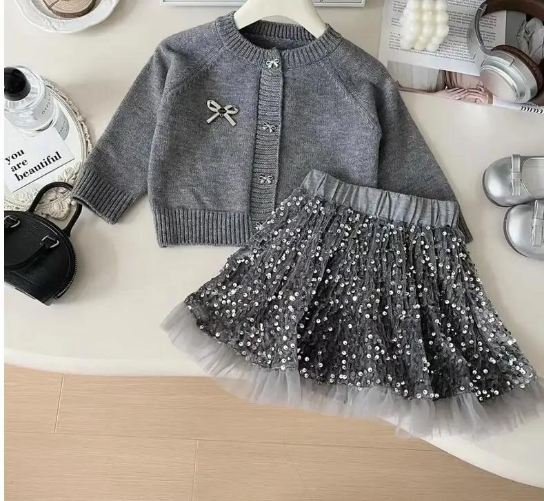 New Baby Girls Fall Fashion Boutique Sets,  Knitting Cardigan + Sequined  Skirts   , Princess Elegant Suits 2-8 T