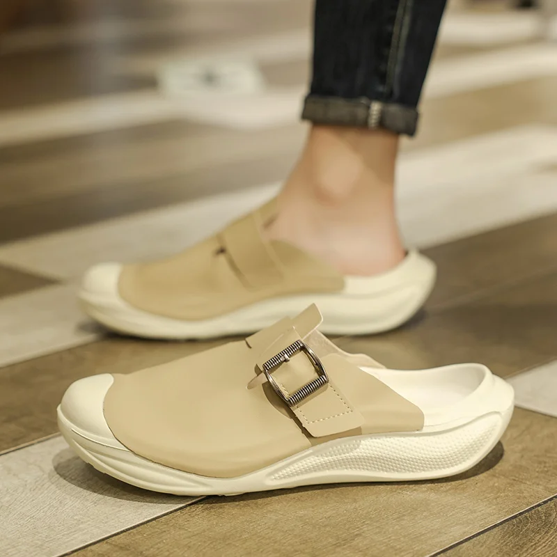 Chinelo Baotou meio masculino com fivela, sapato de praia antiderrapante, sandálias da moda, sola macia, sandálias respiráveis, moda verão