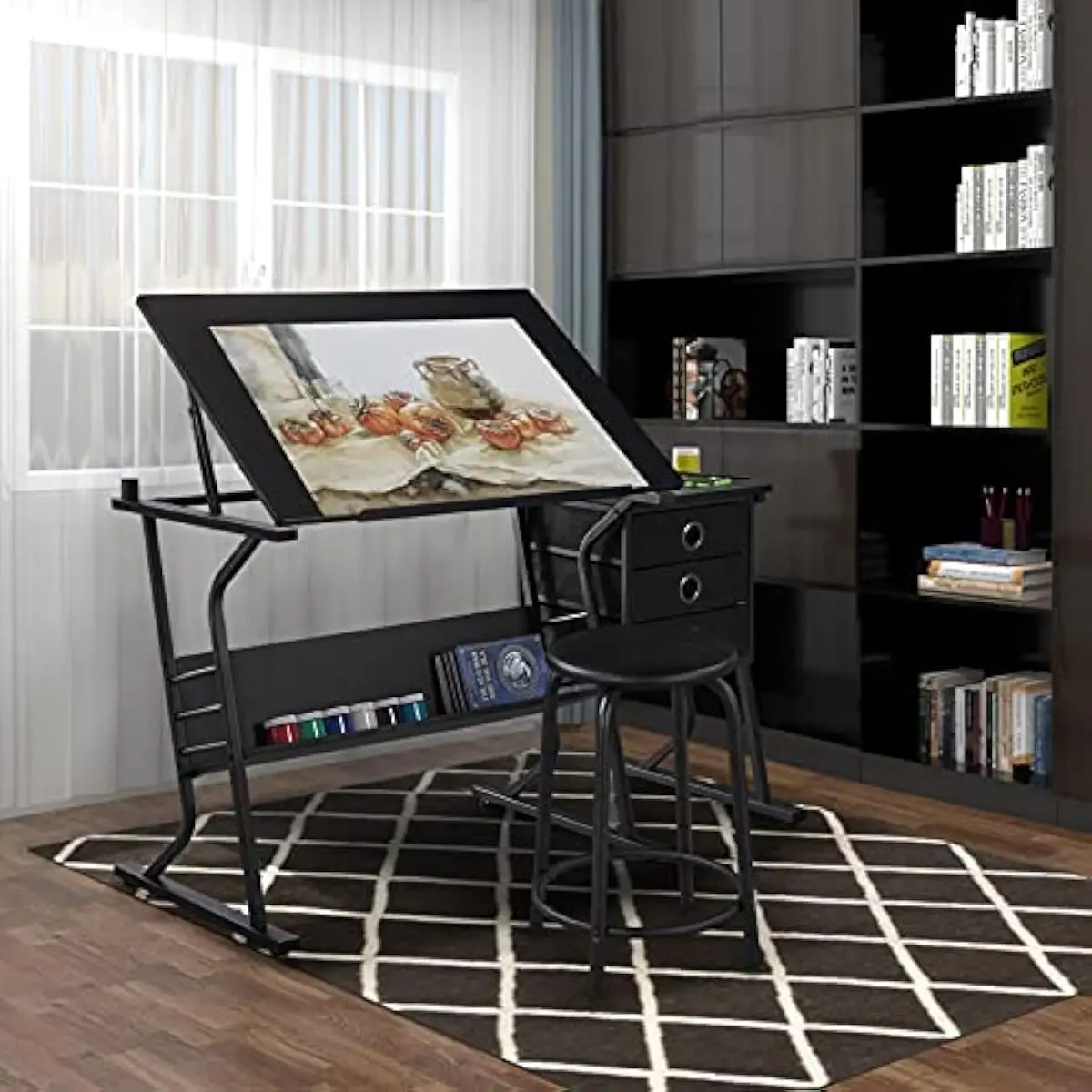 Adjustable L-shaped drafting desk with 0-40° tilt, laminated engineered wood top, alloy steel frame, black finish, integrated pe