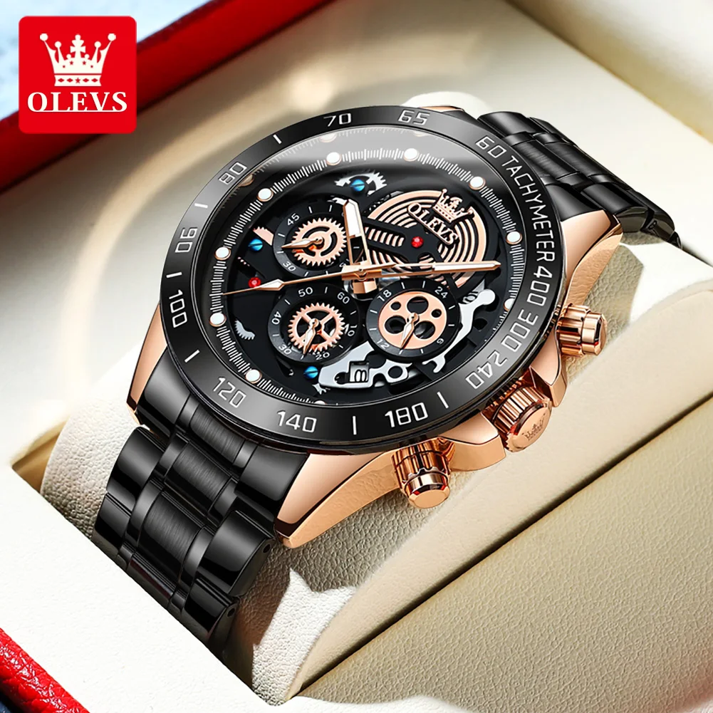 

OLEVS New Skeleton Design Quartz Watch for Men Stainless Steel Chronograph 24 Hours Sports Mens Watches Top Brand Luxury Watch