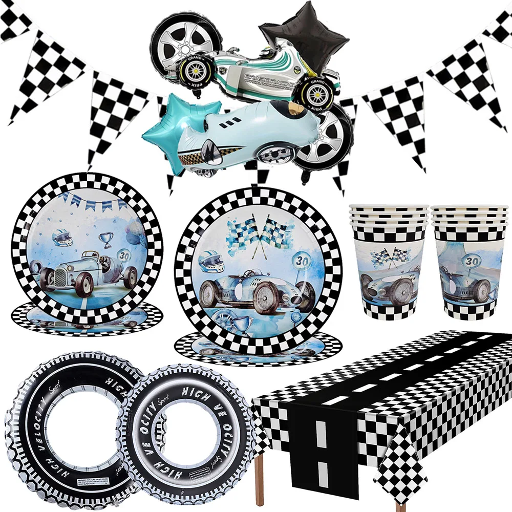 Rennwagen Partyzubehör Blaues Auto Pappteller Tassen Schwarz Weiß Kariertes Banner Tischdecke Luftballons Jungen Geburtstag Party Dekore – Detail 1