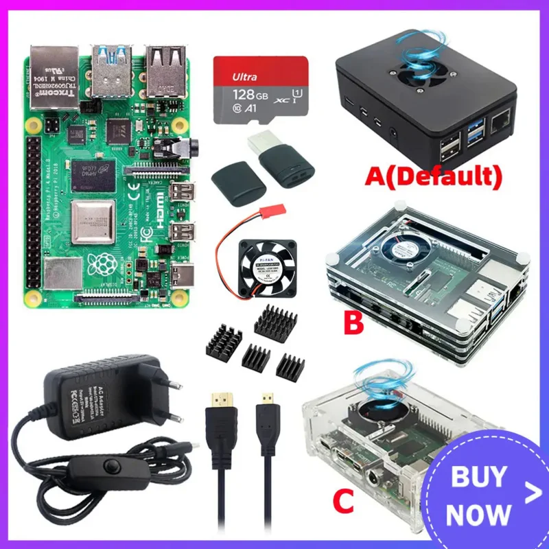 Raspberry Pi 4 modèle B 4B RAM 1GB 2GB 4GB 8 GB, kit de boîtier 32 64 128 GB carte TF adaptateur d'alimentation ventilateur dissipateur thermique câble vidéo pour Pi 4