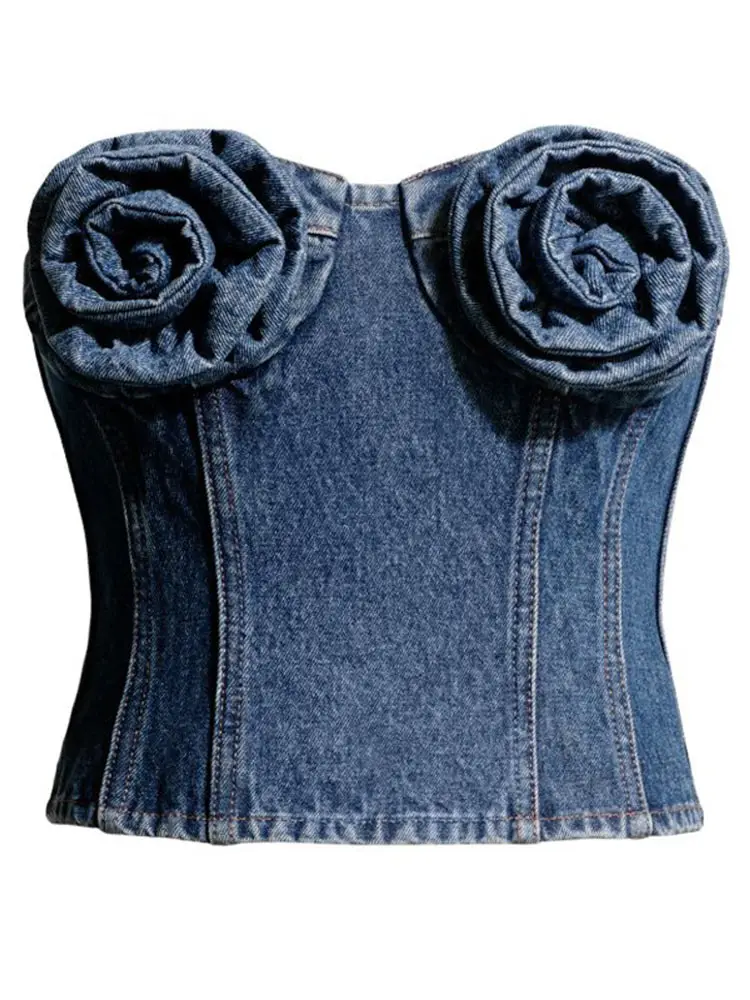 

Designer Women's Denim Strapless Sleeveless Crop Top With Flower Decorate Trendy Sexy Streetwear For Woman Casual Clubwear