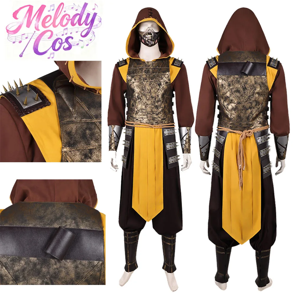 Adult Men Scorpion Cosplay Costume Game Mortal Kombat 2 Fantasia Top Pants Mask Waistband Set Halloween Carnival Party Suit
