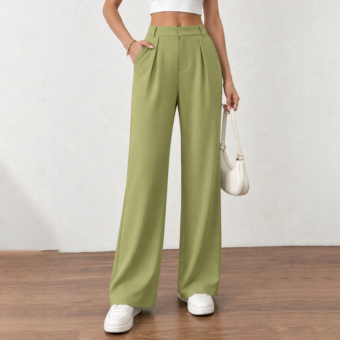 Women Elegant Straight Trousers Mid-rise for Office Lady Solid Color Daily Suit Pants
