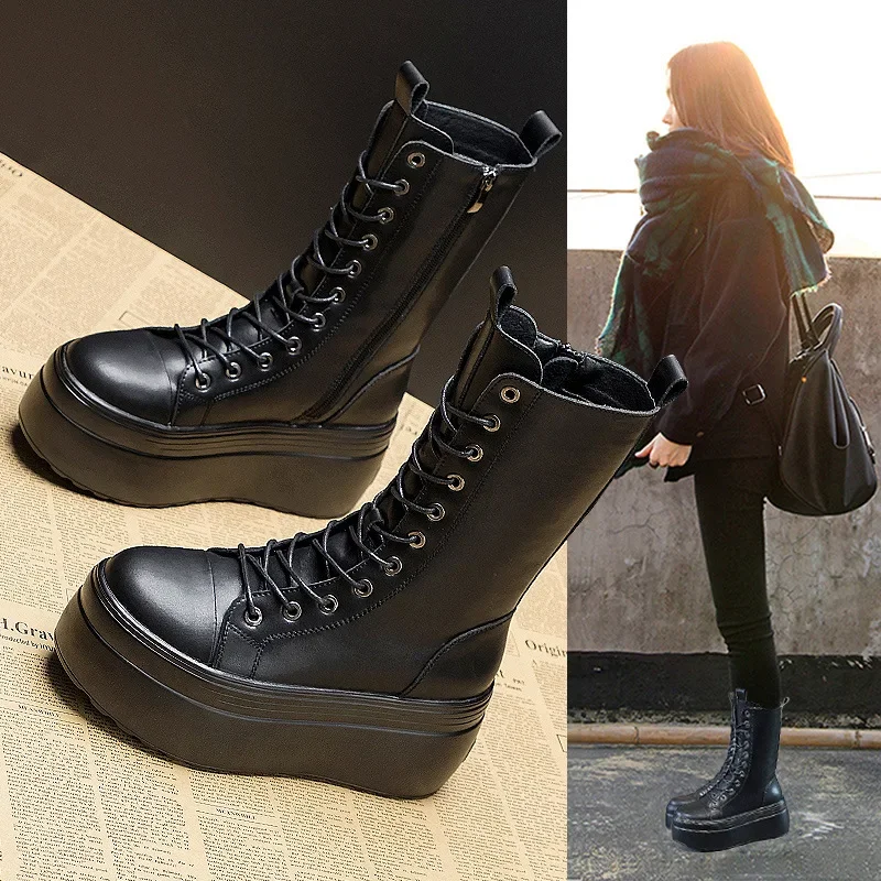 Fujin 20cm 2024 Super Thick Sole Chunky Heel Shoes Boots Ankle Mid Calf Knee Leather High Boots Zipper Spring Autumn Booties