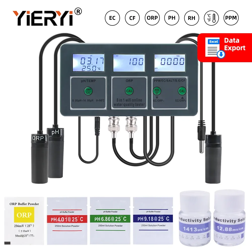 Yieryi WiFi Tuya Smart 8 In 1 PH ORP TDS EC SALT S.G TEMP CF Water Quality Data Logger Meter Aquarium Hydroponics Tester Monitor