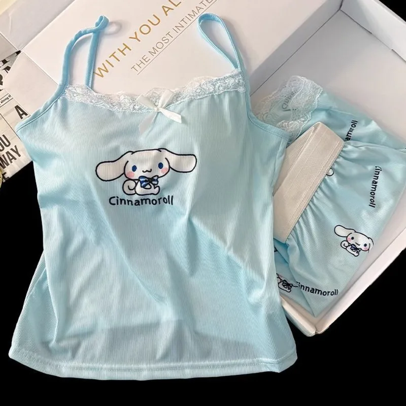

New Sanrio Cinnamoroll 2 Pcs Pajamas for Women Summer Sleeveless Camisole Sexy Two-Piece Set with Chest Pads Homewear Clothes
