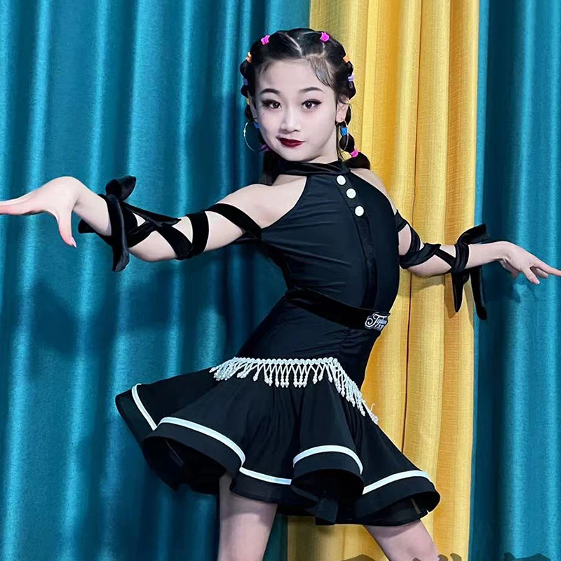 2023 Kids Latin Dance Dress Black Performance Costume Girls Cha Cha Rumba Ballroom Dance Competition Wear Fringe Dress DNV18928