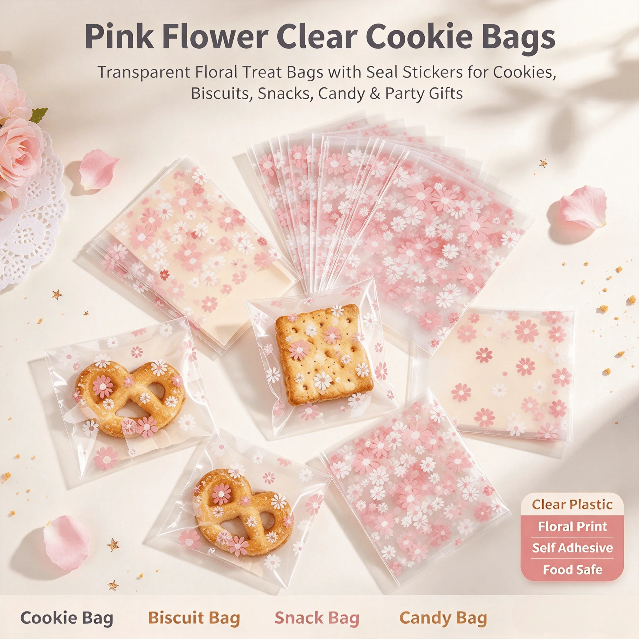 100pcs Daisy-printed Plastic Bag Transparent OPP Self-adhesive Candy Gift Bags Suitable for Biscuits Baking Food Party Favors