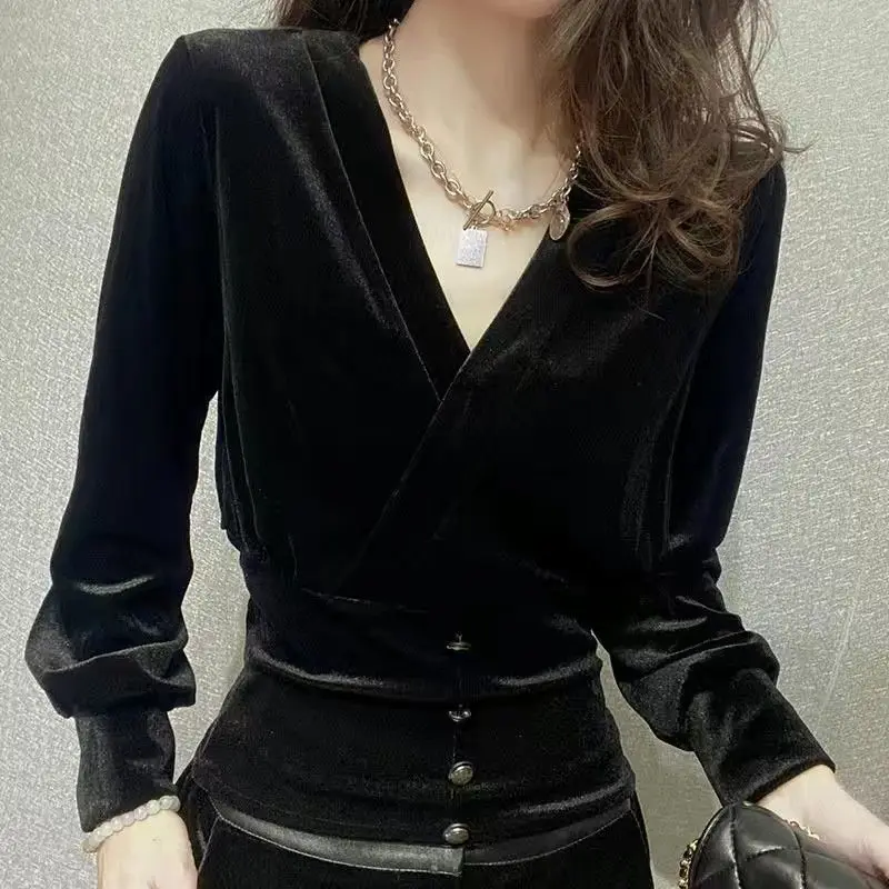 

Women Clothing Vintage V Neck Simplicity Pullovers Top Spring Autumn New Long Sleeve Solid Elegant T Shirts Fashion Office Trend