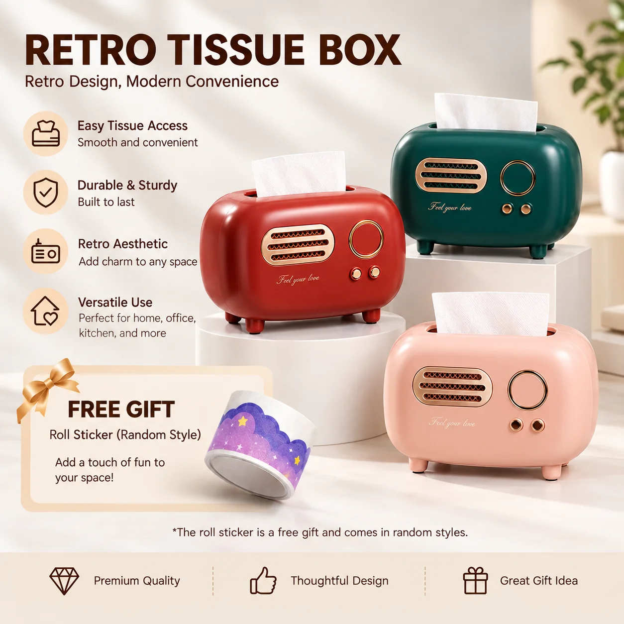 Retro Radio-Shaped Tissue Box Cover, PP Plastic Construction, Decorative Tissue Storage, Small or Large Size Options, for Kitchen Counters, Bathroom Vanities, Bedroom Dressers, Nightstands and Desks, Green, pink or red