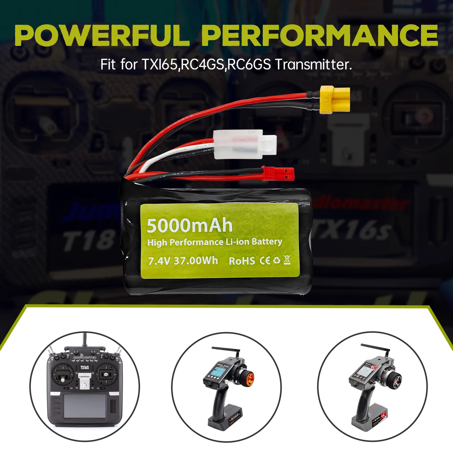 7.4V 5000mAh Li-ion Battery with JST Plug and XT30 Plug with USB Charging Cable for TX16S,TX18S,RC4GS,RC6GS,TX12 Remote Control