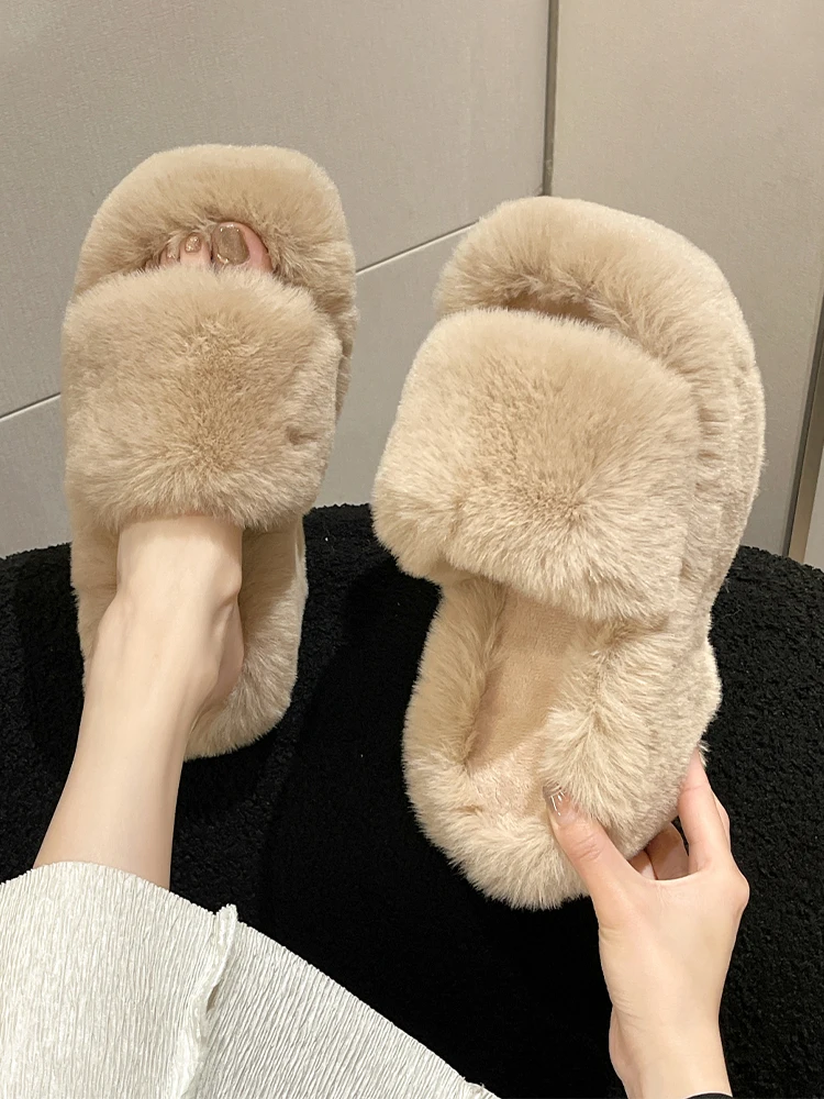 Flock Shoes House Slippers Platform Slipers Women On A Wedge Slides Fashion Fur Flip Flops Heeled Mules 2025 Luxury Plush Flat H