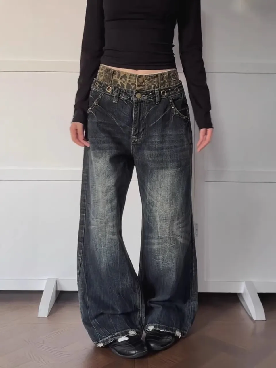 

Джинсы женские больших размеров с высокой талией, пэчворк, леопардовый принт, широкие прямые штанины, свободные, стройнящие, длинные брюки, осень-зима