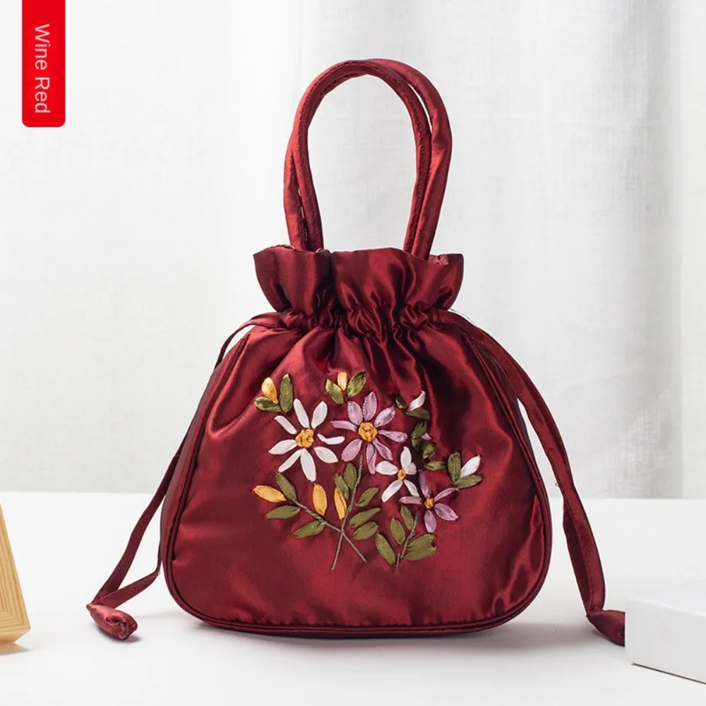 Small Women Bucket Bag Top Handle Ladies Handbag Phone Bag Summer Purse National Style Embroidered Flower Pattern Drawstring Bag